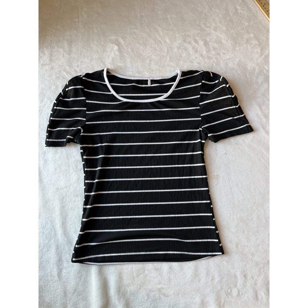 Black White Striped Knit Round Neck Short Sleeve Fitted Baby Doll Ribbed Size S